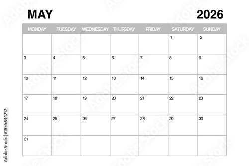 May 2026 Monthly Calendar Planner Template. 3d Rendering