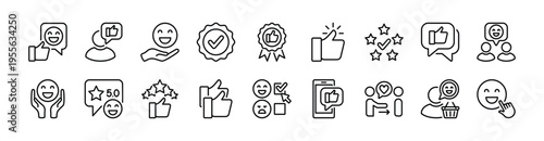Positive, good rating review feedback, satisfaction, experience icon set. Contains happy customer, thumbs up, give five stars, checkmark badge, choice, approval for social media - vector illustration
