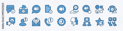 Set of customer complaint icon. Contains thumbs down, bad feedback, sad face, negative review, dislike, unhappy service, disappointment report, unsatisfied, ballot box  - vector illustration