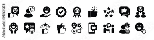 Positive, good rating review feedback, satisfaction, experience icon vector set. Contains happy customer, thumbs up, give five stars, checkmark badge, choice, approval for social media - illustration