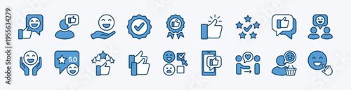 Set of positive, good rating review feedback, satisfaction, experience icon. Contains happy customer, thumbs up, give five stars, checkmark badge, choice, approval for social media - vector