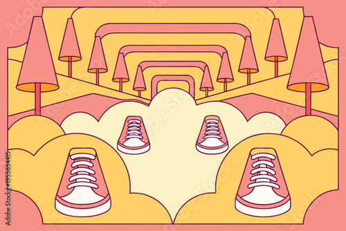 Sneakers on clouds with trees in the background yellow pink