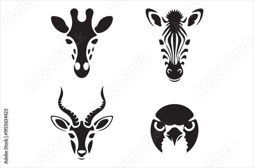 Stylized black and white illustrations of african animals heads