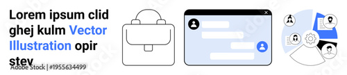 Business communication, networking, data sharing, team collaboration, online messaging, professional tools. Briefcase, chat interface icons of profiles and connections. Business communication