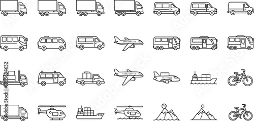 Transport and Logistics Vector Line Icon Set Featuring Cargo Trucks Delivery Vans Airplanes Helicopters Freight Ships and Mountain Landscape for Shipping and Travel Design.