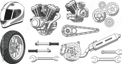 Motorcycle Mechanic Parts Vector Illustration Set Featuring Engine V-Twin Motor Helmet Gear Chain Disc Brake Exhaust and Repair Wrenches for Automotive Service and Garage Design.
