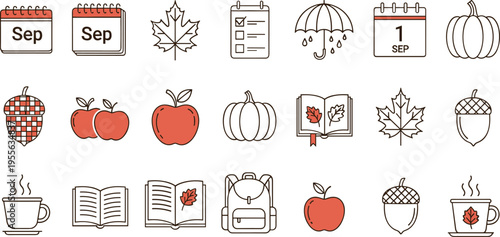 Autumn doodle icon set vector fall season pumpkin apple maple leaf umbrella September calendar harvest outline collection symbols design