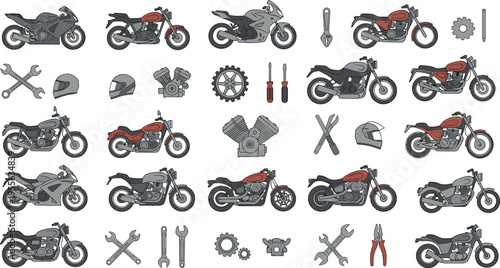 Motorcycle Vector Illustration Set Featuring Sportbikes Cruisers and Cafe Racers with Mechanic Tools Helmet Engine Parts and Garage Equipment for Automotive Design.