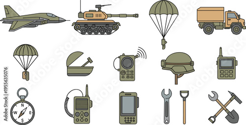 Military and Tactical Equipment Vector Set Featuring Jet Fighter Tank Parachute Army Truck Helmet Radio Compass and Field Tools for Defense Infographics and Game Assets.