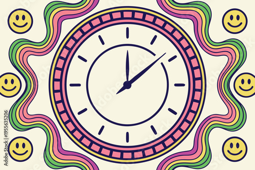 Smiley clock with rainbow border on beige background smiley faces