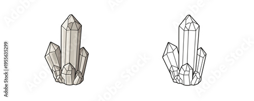 Calcite crystal cluster vector illustrations shown in colored cartoon and black outline linear styles, white, light grey and pale beige translucent tones, representing natural mineral points on white 