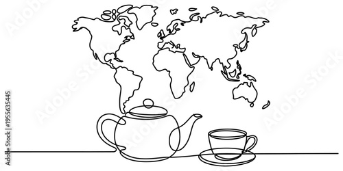 A single continuous line drawing of a steaming teapot and a teacup in front of a global world map Vector, illustration