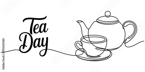 Minimalist continuous line art design featuring a teapot and a tea cup for international tea day Vector, illustration