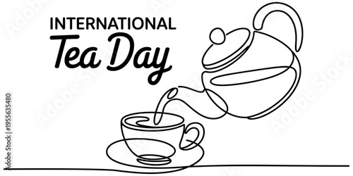 Minimalist continuous line art illustration celebrating international tea day with a teapot and cup Vector, illustration