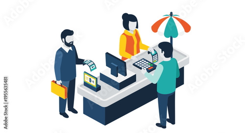 People interacting at a checkout counter.