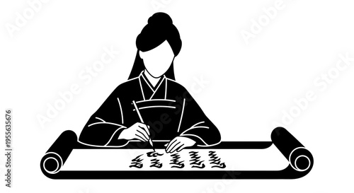 Woman writing on scroll paper.