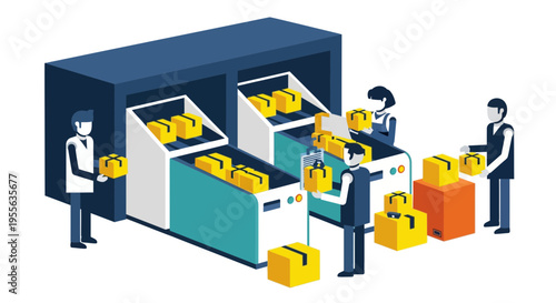 Workers handling boxes in warehouse.