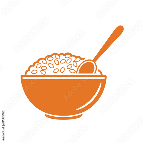 Orange graphic illustration of a bowl filled with grains and a spoon, depicting a simple meal or breakfast item.