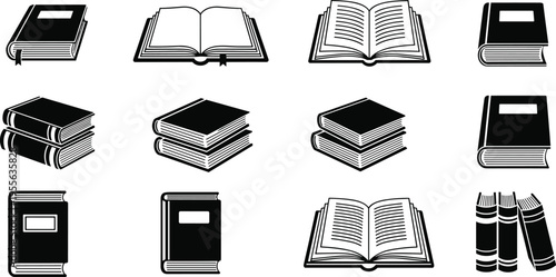Book and literature icon set featuring open and closed books, textbooks, reading materials and education knowledge vector collection