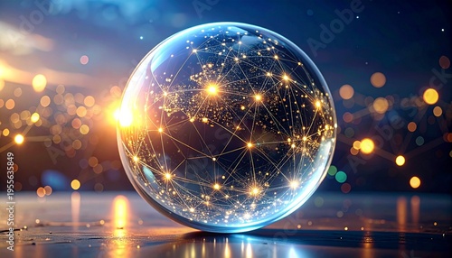 Digital sphere glowing with interconnected nodes, symbolizing global network and data flow