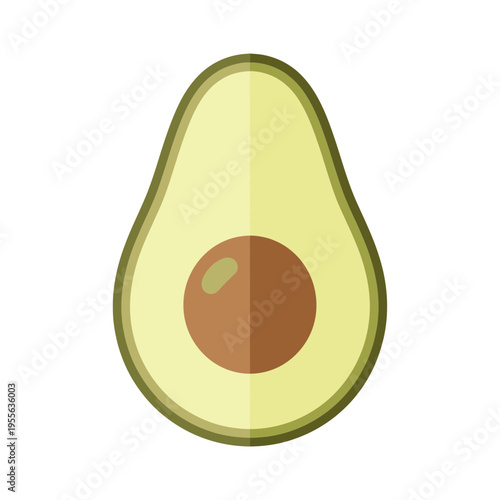 Simple flat design illustration of a halved avocado with its brown pit, showcasing its vibrant green flesh and healthy appeal.