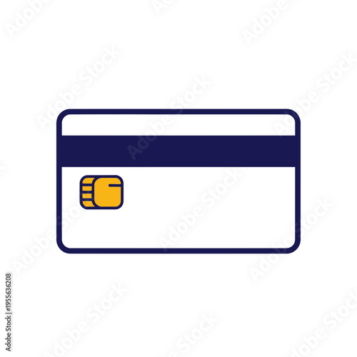 Simple white credit card icon with blue magnetic stripe and gold EMV chip for secure transactions.