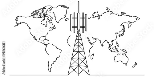 A minimalist line art illustration showing a global telecommunication tower over a world map base Vector, illustration
