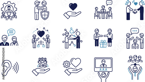 Customer support, teamwork and communication line icon set featuring business people, care, feedback, collaboration and service concepts