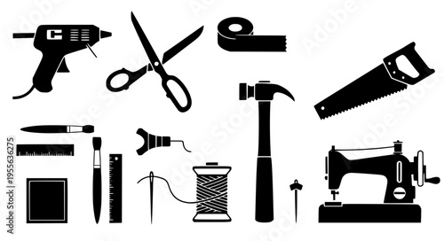 Line Art DIY and Craft Tools Black Silhouette Icon Collection Vector Illustration