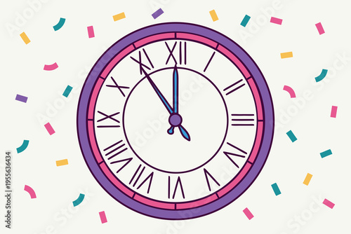 Roman numeral clock with confetti on white background roman numerals