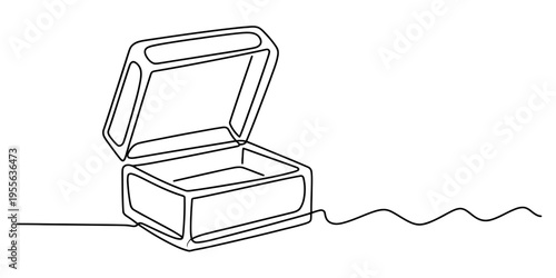 A single continuous line drawing of an empty wooden jewelry box with the lid open on white background Vector, illustration