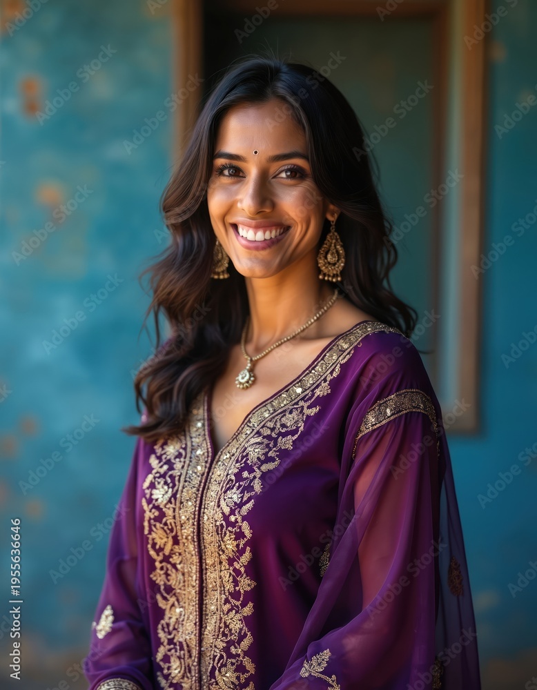 Fototapeta premium Smiling Indian woman wears purple traditional clothing with gold embroidery. She has long dark hair, large earrings, and a bindi on her forehead.