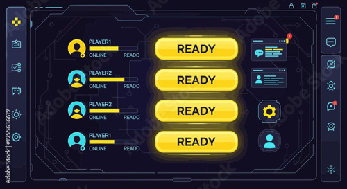Futuristic Game Lobby Interface with Ready Buttons and Player Avatars.