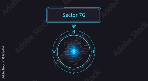 Futuristic Compass Directing to Sector 7G with Glowing Center.