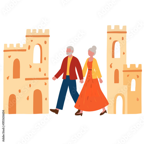 Elderly couple walking together near orange castle towers. Elderly set