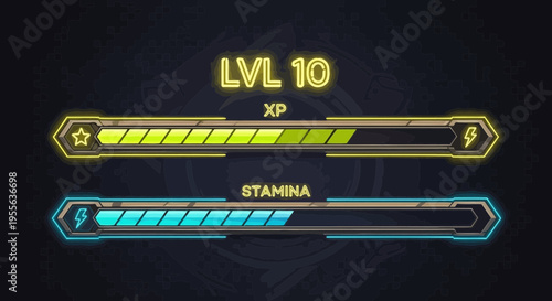 Futuristic Game UI Level 10 XP and Stamina Bars with Neon Accents.