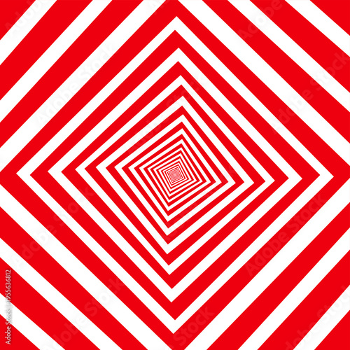 Red and white diagonal striped optical illusion forming dynamic tunnel perspective, creating hypnotic depth effect, ideal for backgrounds, motion concepts, and visual impact designs