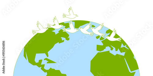 A stylized illustration featuring white doves flying over a vibrant green and light blue earth globe Vector, illustration
