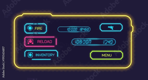 Futuristic Neon Game Interface with Fire Reload Inventory and Menu Buttons.