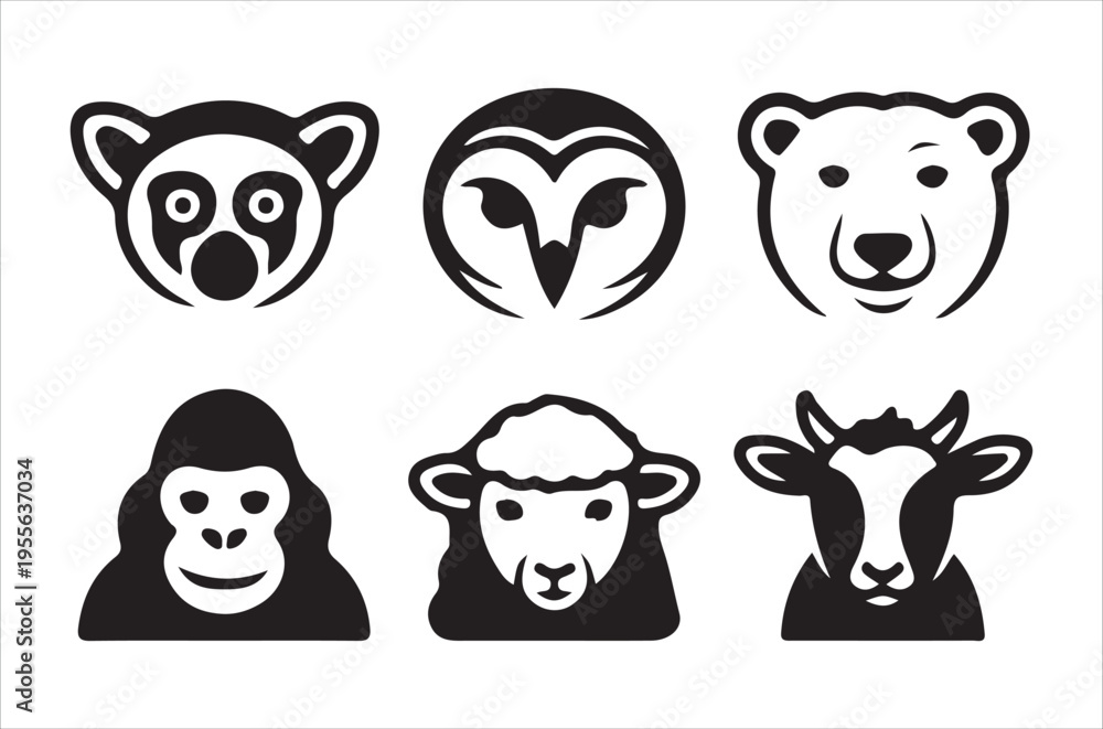 Obraz premium Stylized animal head icons sloth owl bear gorilla sheep and goat