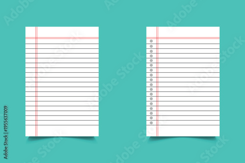 set of paper sheets. Realistic rule paper page of notebook. set 2 blank rule page icon.  School sheet with lines and grid.  Realistic blank notepaper with shadow isolated on gray background.