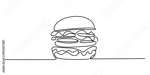 Minimalist single continuous line drawing of a classic tasty hamburger on a plain white background Vector, illustration