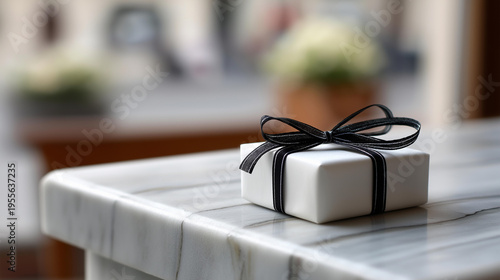 Gift wrapped in black ribbon on a marble memorial surface, remembrance and solemnity concept, emotional still life photography, defocused background, with copy space