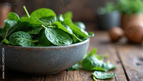 Bowl full of fresh spinach leaves on rustic wooden table. Green leafy vegetable for healthy salad preparation. Raw ingredients ready for cooking a nutritious meal in kitchen.