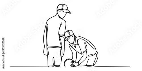 Continuous line drawing of two people wearing caps while one is helping the other on the ground Vector, illustration