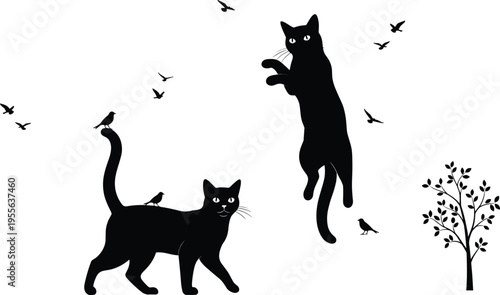 Black Silhouette Vector of Playful Cats and Flying Birds Around a Small Tree Branch Isolated on White Background for Minimalist Wall Art Decor Design