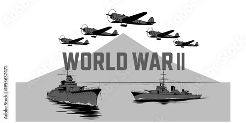 A vintage illustration depicting naval and aerial combat forces during the second world war era Vector, illustration