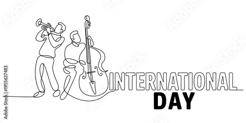Continuous line drawing of two musicians playing a trumpet and double bass for international day Vector, illustration