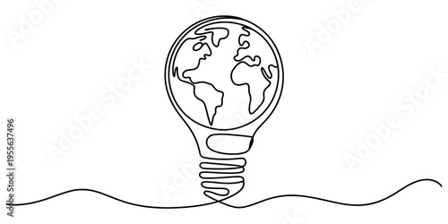 A single continuous line drawing of a light bulb containing the globe representing global ideas Vector, illustration