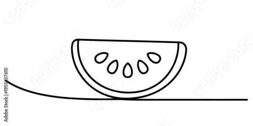 A simple black and white line art drawing of a single slice of watermelon on a flat surface line Vector, illustration